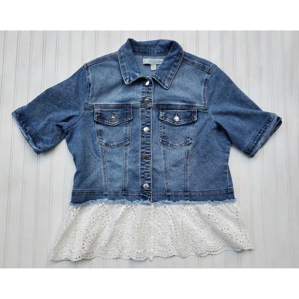 Est. 1946 Denim Jacket Womens Large Blue Short Sleeve Eyelet Lace‎ Peplum Hem